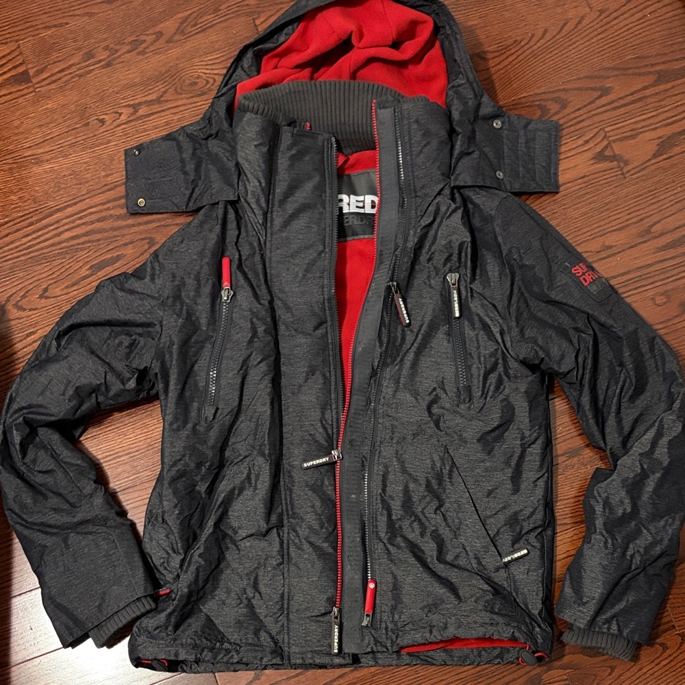 Superdry Mens Dark Grey Jacket with Red Interior Accents